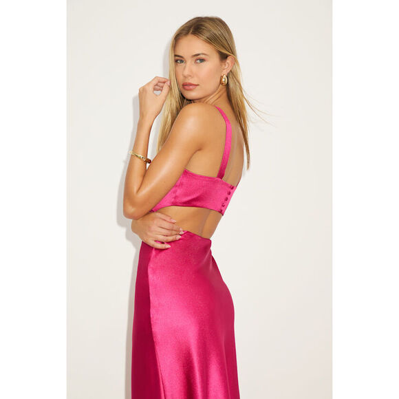 Lulus Unmatched Elegance Fuchsia Satin Sleeveless Midi Dress Pink - Size S - Picture 1 of 1